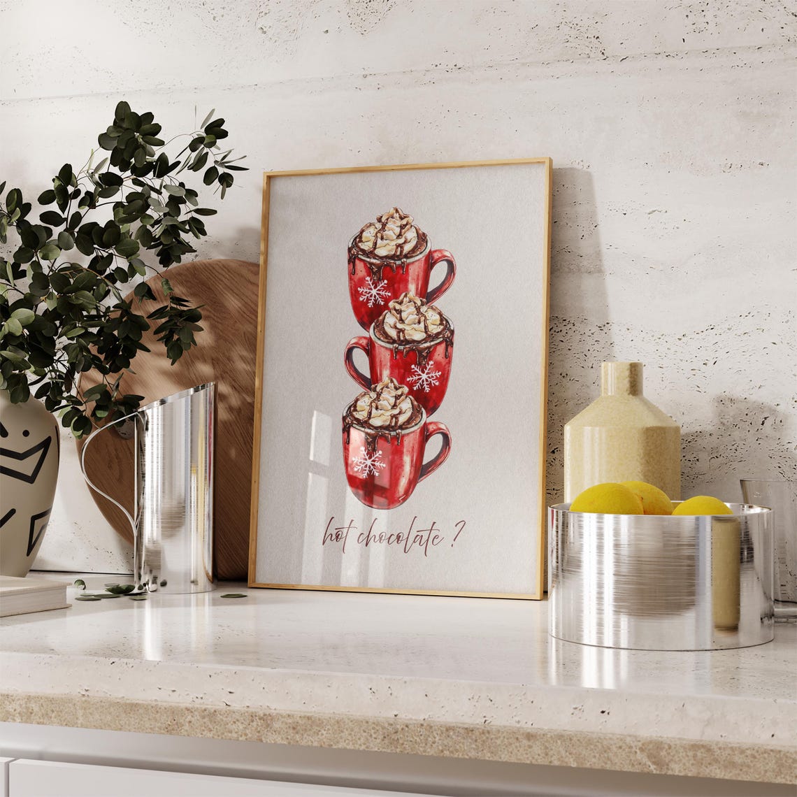 Red Hot Chocolate Mugs Whipped Cream Christmas Kitchen Poster