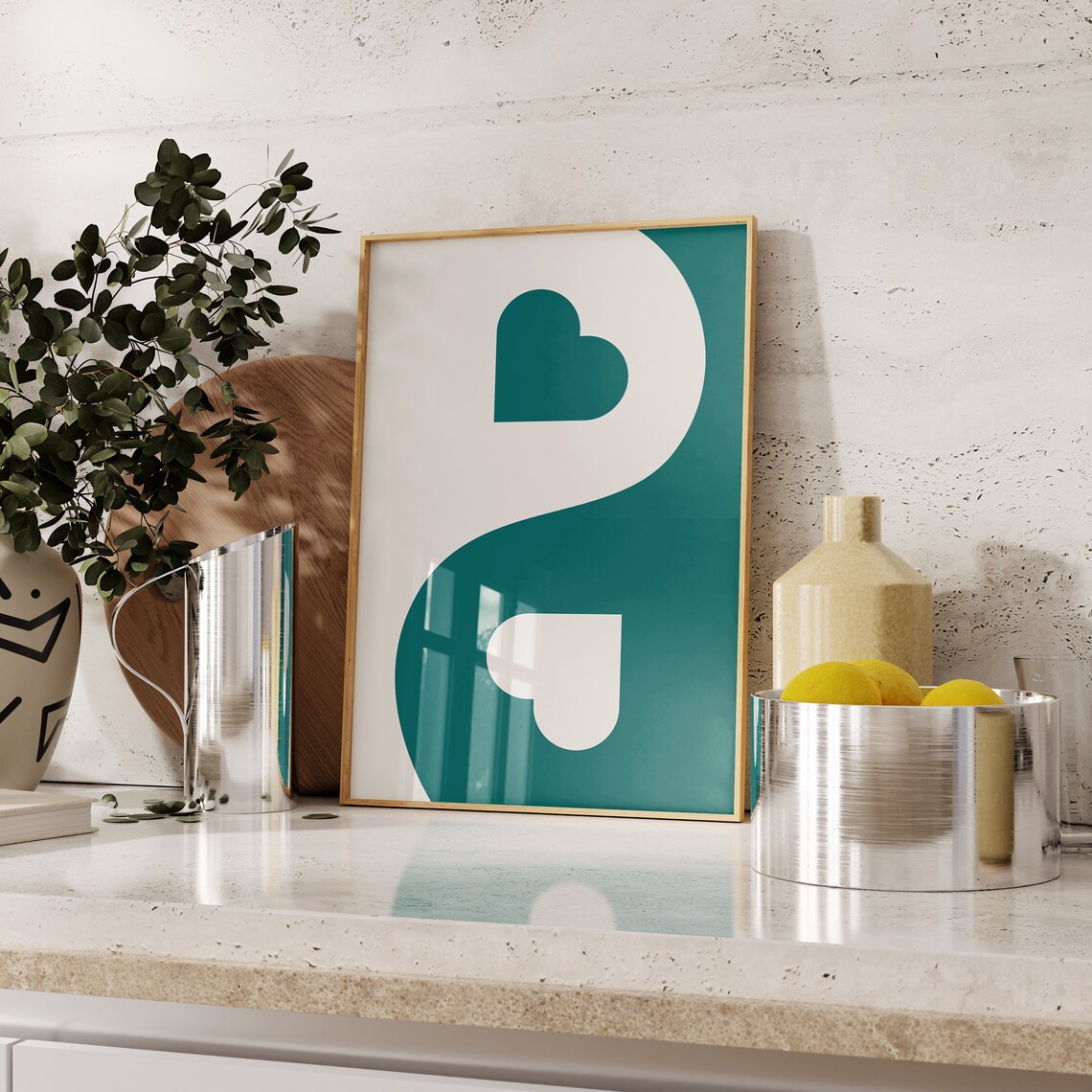 Teal White Yin Yang Hearts Minimalist Love Symbol Wall Poster - Image 8