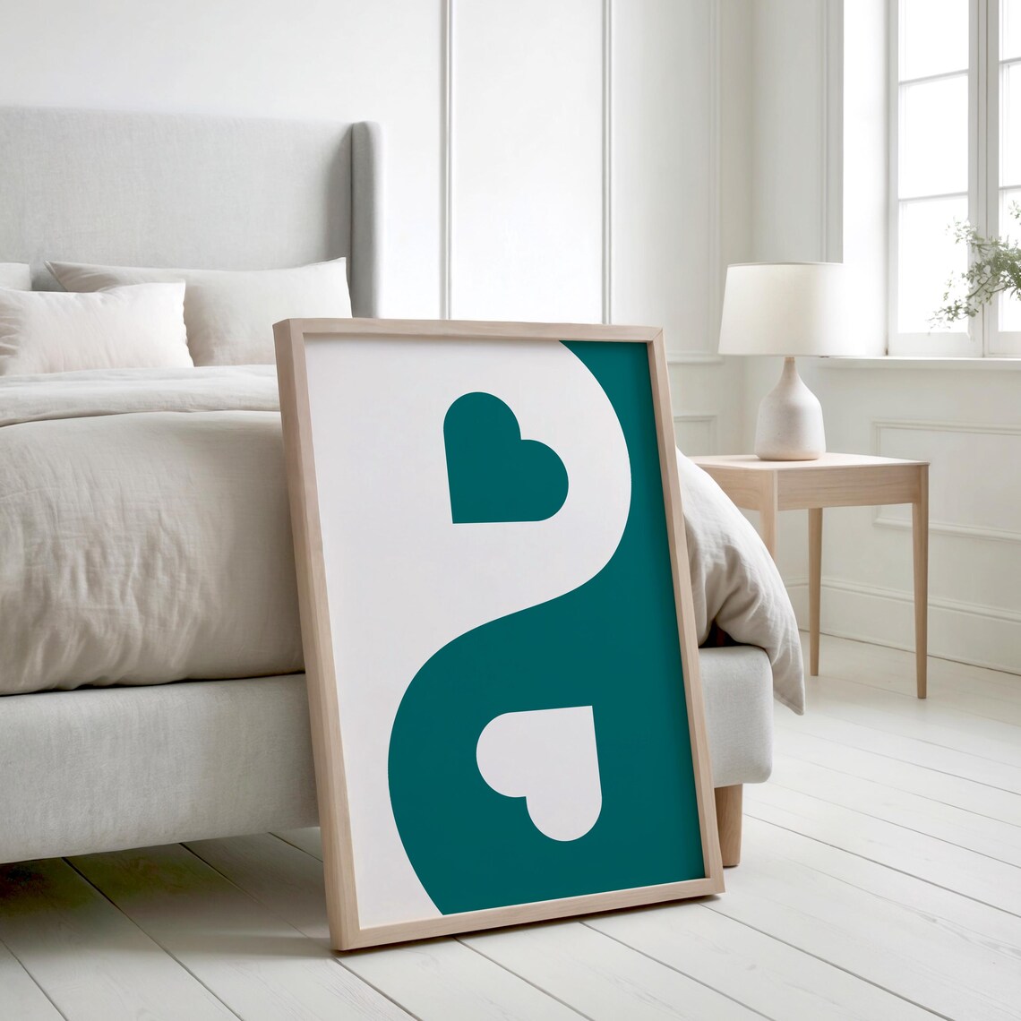 Teal White Yin Yang Hearts Minimalist Love Symbol Wall Poster