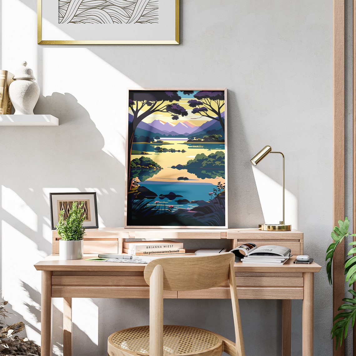 Peaceful Lakeside Sunset Mountains Lake Reflection Art Poster - Image 3