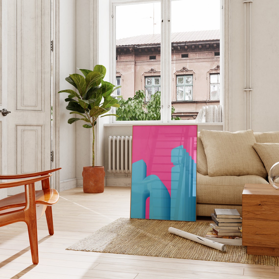 Hot Pink Blue Geometric Bauhaus Abstract City Style Wall Poster - Image 8
