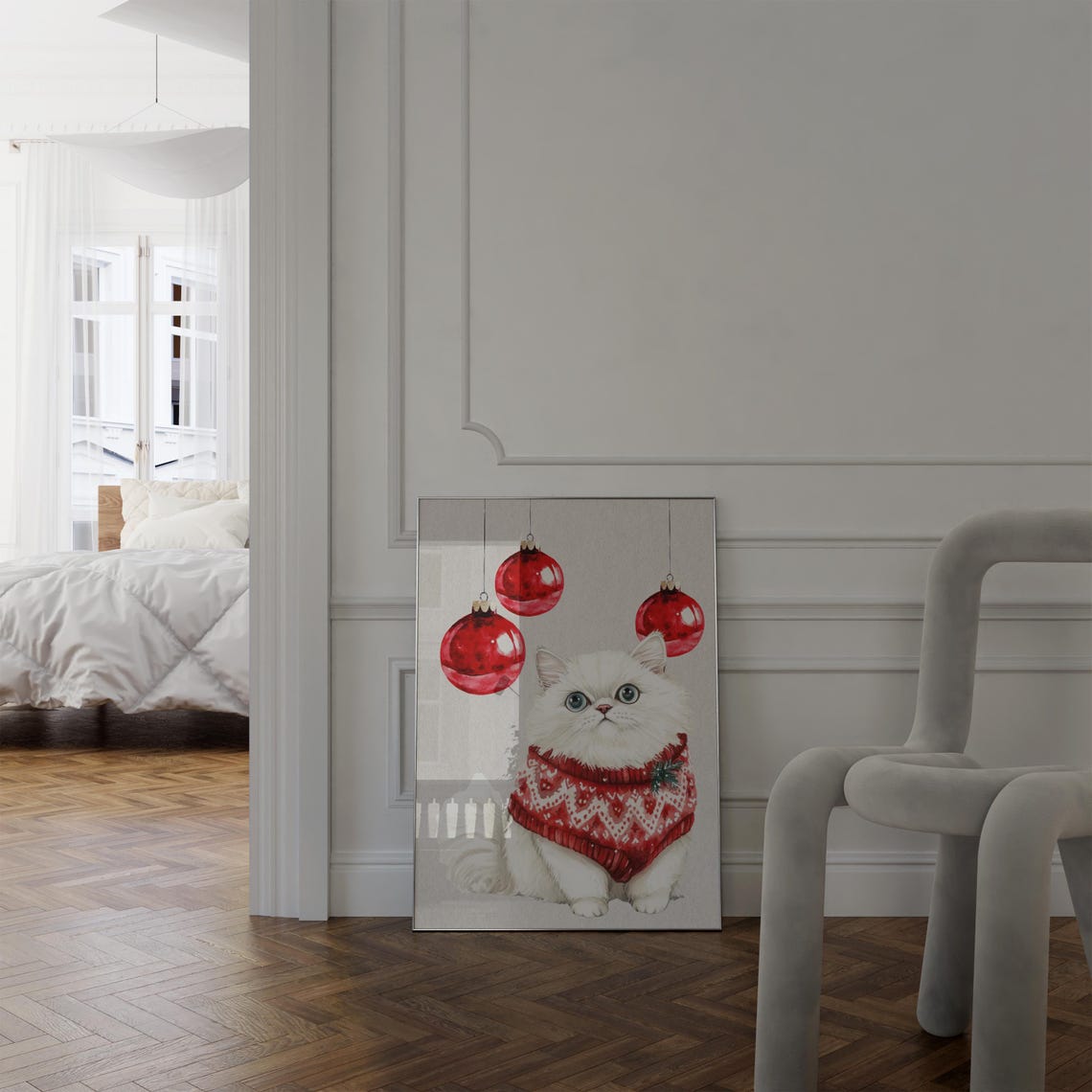 White Persian Cat Christmas Sweater Red Baubles Cute Wall Poster - Image 5