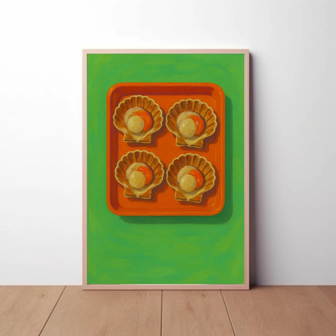 Scallops In Shells On Orange Tray Modern Green Food Art Poster