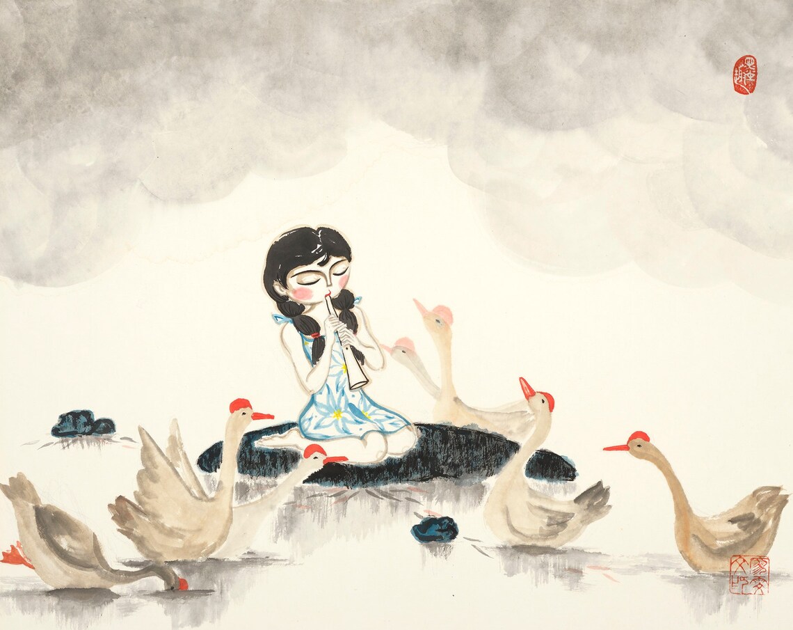 Girl And Geese Music Chinese Ink Painting Art Print
