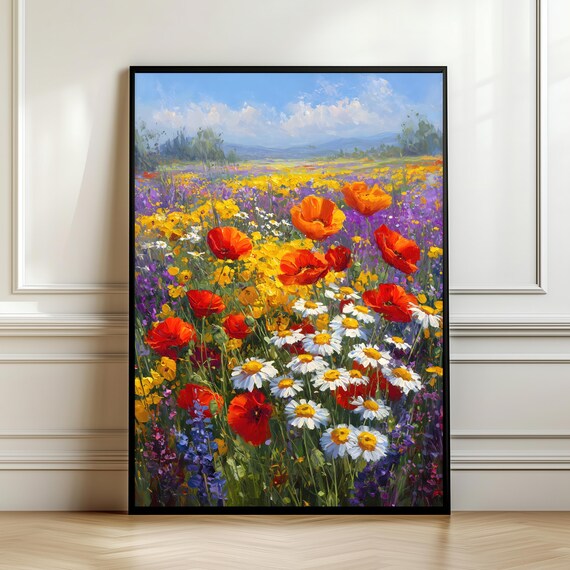 Colorful Wildflower Meadow With Poppies and Daisies Oil Art Poster
