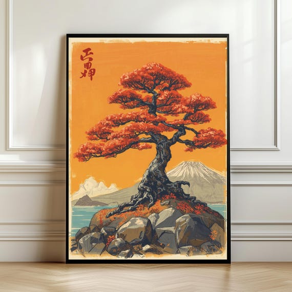 Orange Okinawa Japanese Bonsai Poster Print Mt Fuji Wall Art Autumn Tree Landscape Zen Nature Decor Digital Download Gift