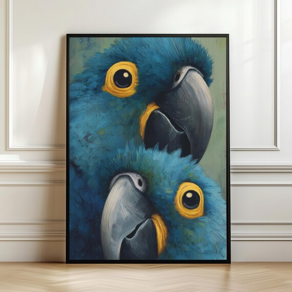 Hyacinth Macaw Pair Funny Close Up Blue Parrot Portrait Art Poster