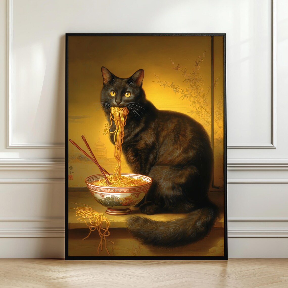 Elegant Japanese Ramen Cat Poster, Japandi Style