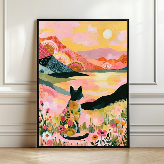 Dreamy Cat Wall Art Sunset Floral Landscape Painting Colorful Folk Print Boho Nature Decor Lover Gift Digital Download