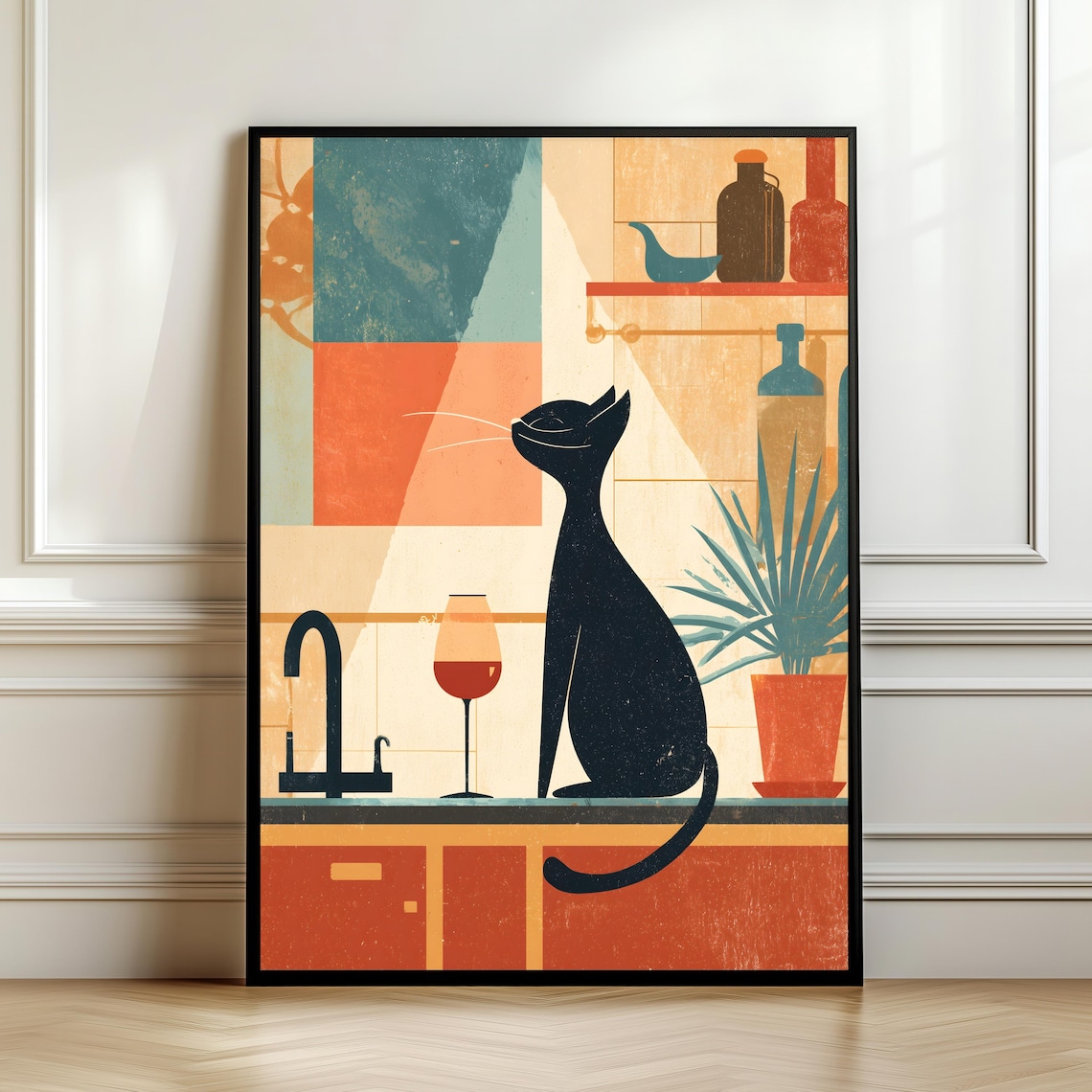 Modern Cat Kitchen Wall Art Print Retro Decorwine Poster Vintage Text Gift For Lovers Chefs Digital Download