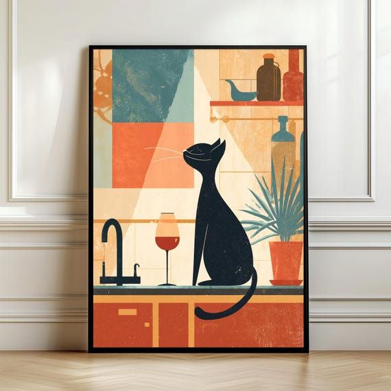 Modern Cat Kitchen Wall Art Print Retro Decorwine Poster Vintage Text Gift For Lovers Chefs Digital Download