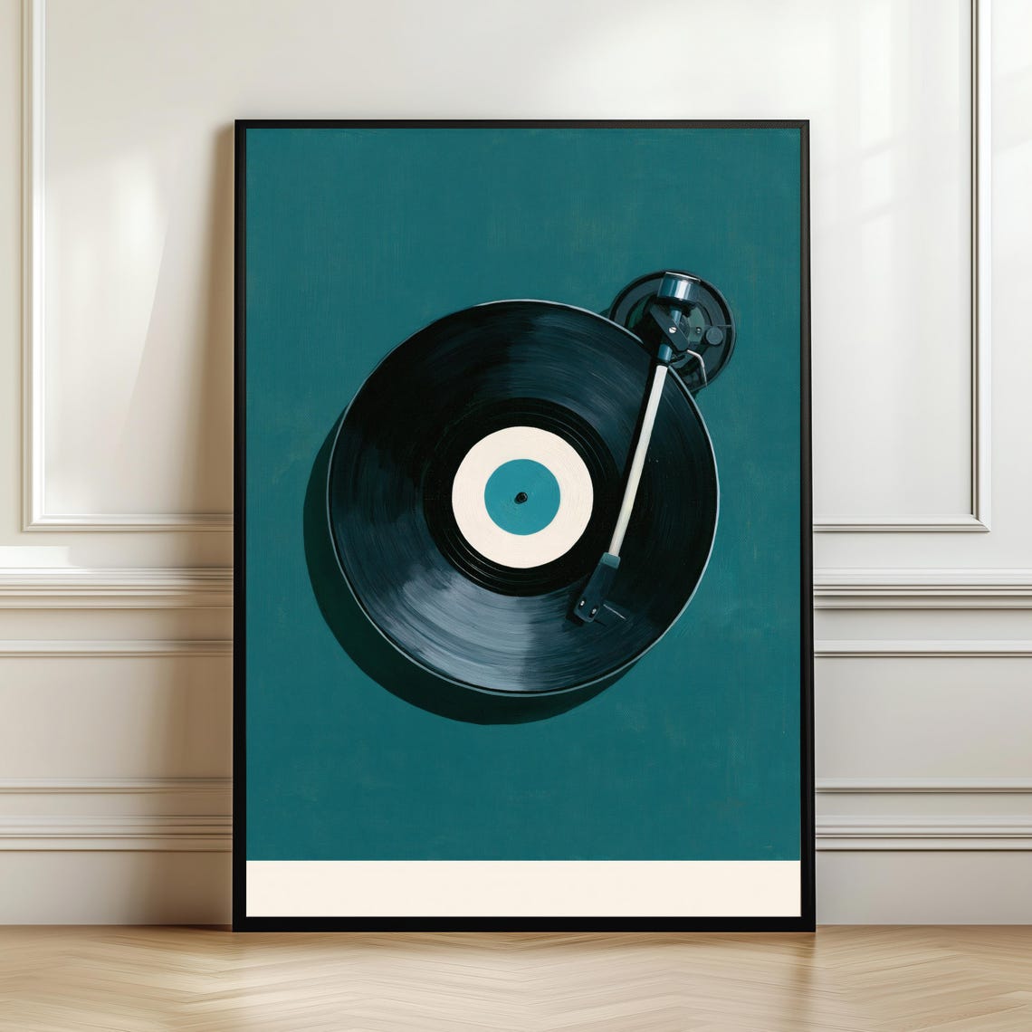 Minimalist Vinyl Record on Turntable Teal Background Modern Art Print