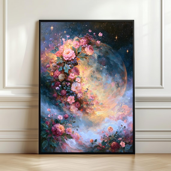 Celestial Bloom Moon Wall Art Dreamy Floral Print Romantic Cosmic Flower Decor Fantasy Sky Artwork Gift For Her Digital Download