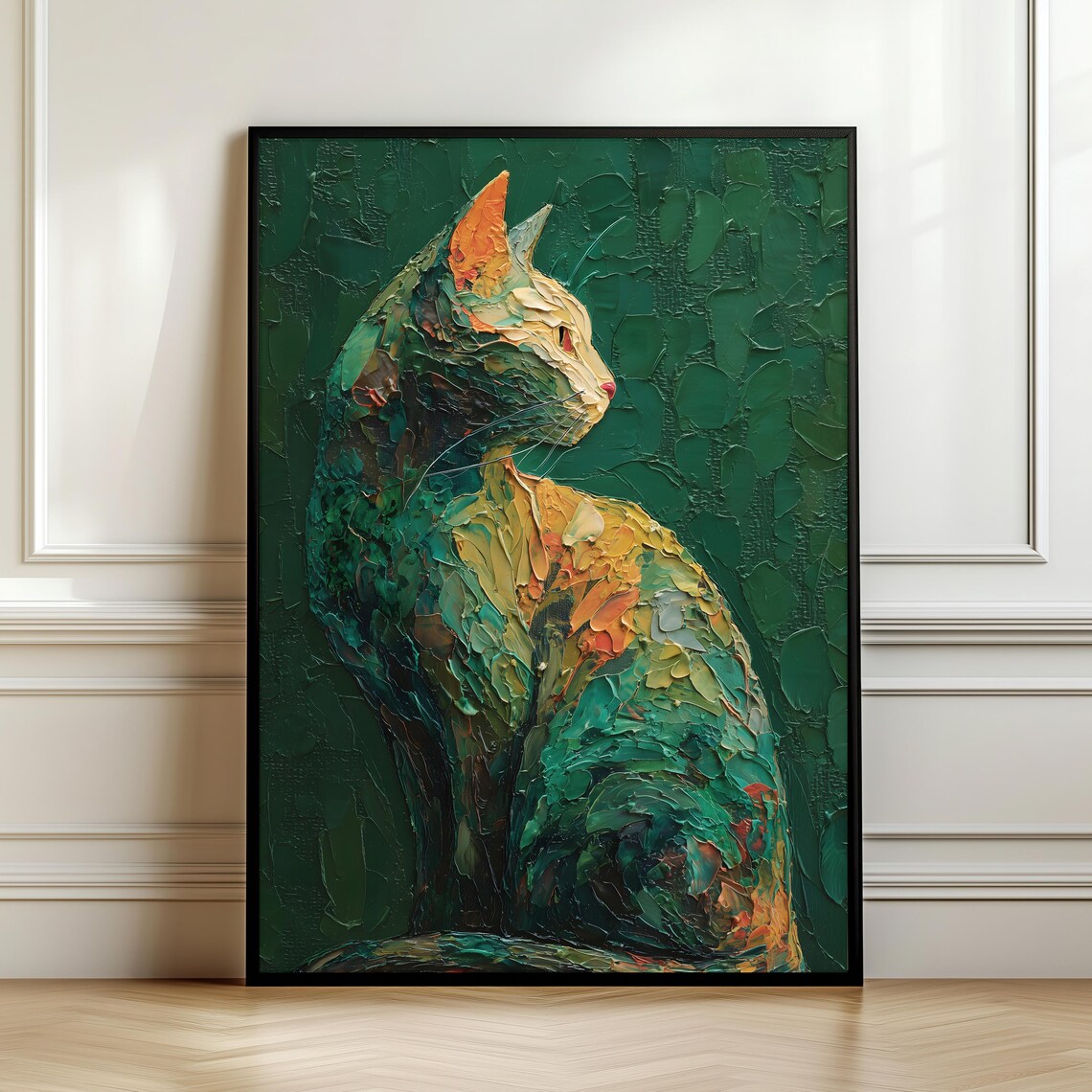 Impasto Textured Cat Painting Gold Teal Palette Knife Oil Art Poster