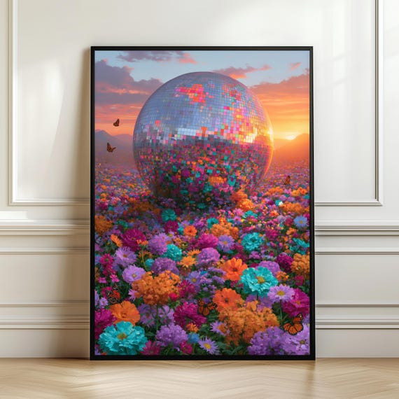 Disco Ball Wall Art Colorful Flower Field Print Retro Decor Vibrant Floral Poster Maximalist Room Digital Download