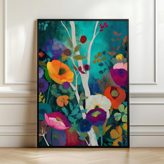 Bold Poppy Wildflowers Teal Background Colorful Modern Floral Poster