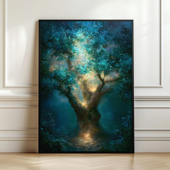 Mystical Tree Of Light Wall Art Enchanted Forest Print Magical Nature Decor Fantasy Woodland Spiritual Gift Digital Download