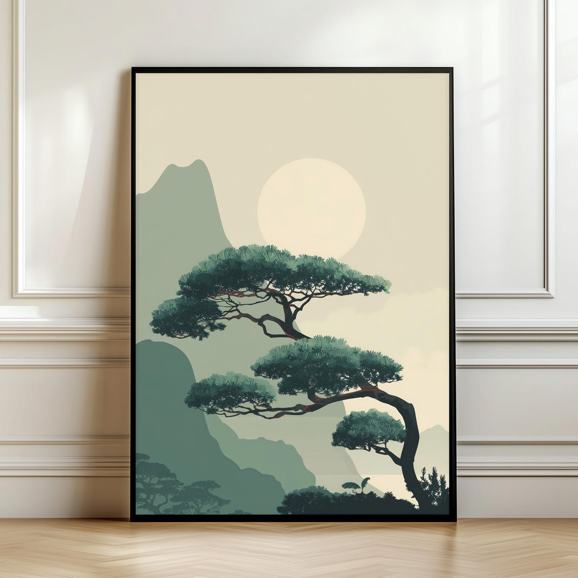 Zen Japanese Landscape Wall Art Minimal Pine Tree Illustration Calm Nature Poster Tranquil Mountain Scene Mindfulness Digital Download