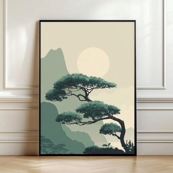 Zen Japanese Landscape Wall Art Minimal Pine Tree Illustration Calm Nature Poster Tranquil Mountain Scene Mindfulness Digital Download
