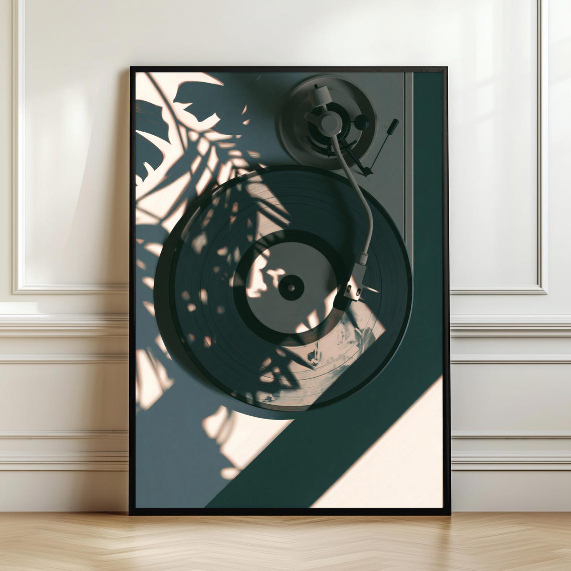 Minimalist Turntable Top Down View Botanical Leaf Shadows Art Print