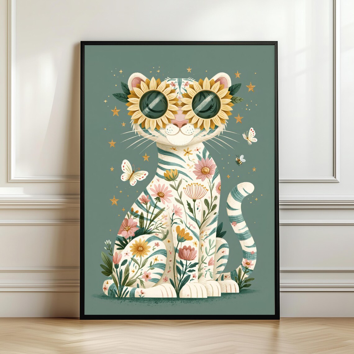 Cute Tiger Wall Art, Whimsical Floral Art Print
