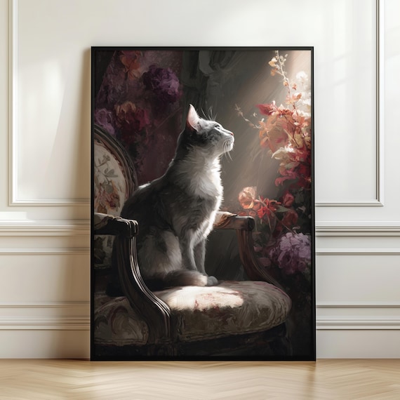 Elegant Cat Wall Art Moody Floral Portrait Print Vintage Style Animal Artwork Dark Romantic Home Decor Lover Gift Digital Downlad
