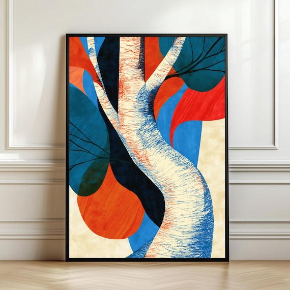 Mid Century Modern Twisted Tree Abstract Birch Red Blue Poster