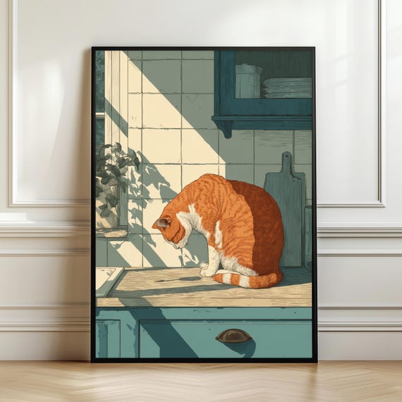 Orange Tabby Cat Kitchen Wall Art Vintage Style Ginger Illustration Cozy Sunlit Home Decor Lover Gift Digital Download