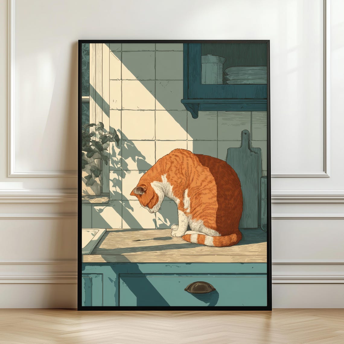 Orange Tabby Cat Sitting on Sunlit Kitchen Counter Vintage Poster