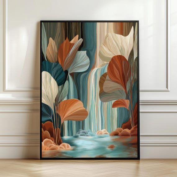 Boho Botanical Waterfall Wall Art Abstract Nature Poster Neutral Earth Tone Landscape Print Modern Organic Decor Digital Download
