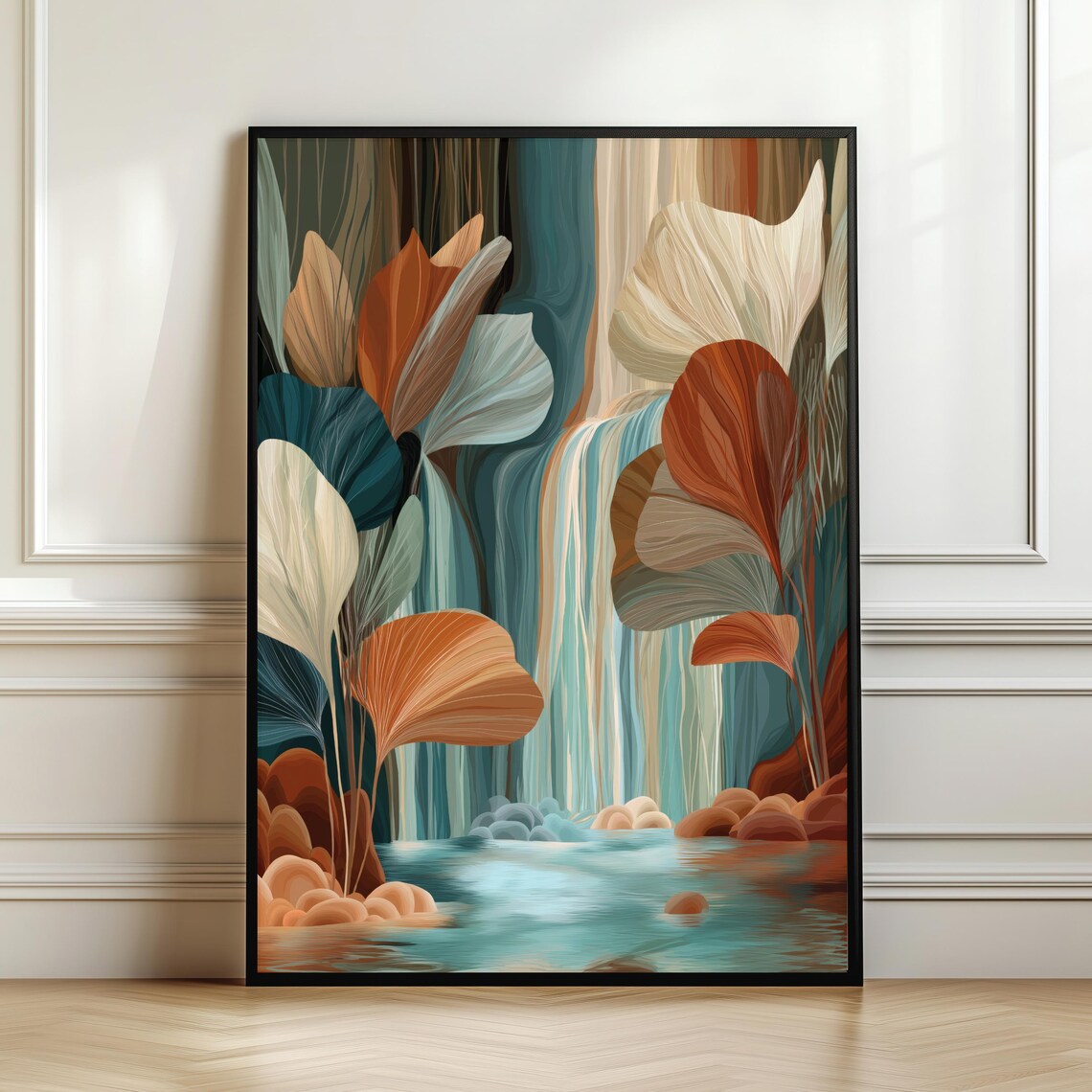 Boho Botanical Waterfall Wall Art Abstract Nature Poster Neutral Earth Tone Landscape Print Modern Organic Decor Digital Download