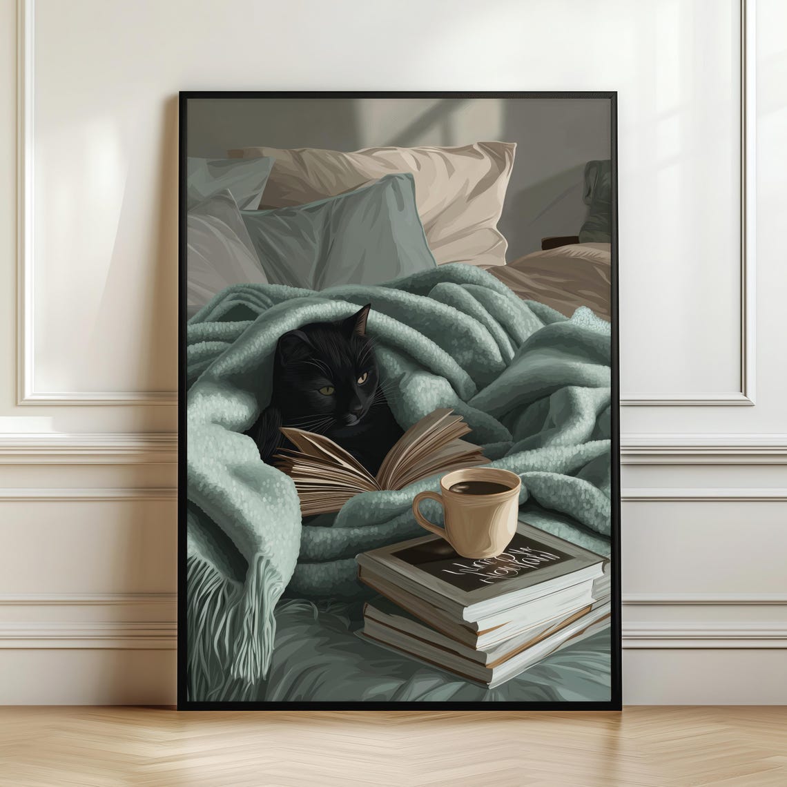 Cat Reading Wall Art Black Poster Book Lover Illustration Cosy Bedroom Print In Bed Bookish Decor Digital Download