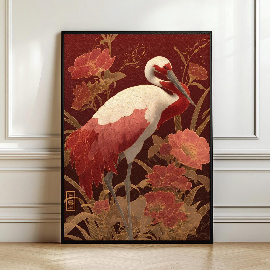 Japanese Red Crane Peony Flowers Elegant Oriental Art Poster