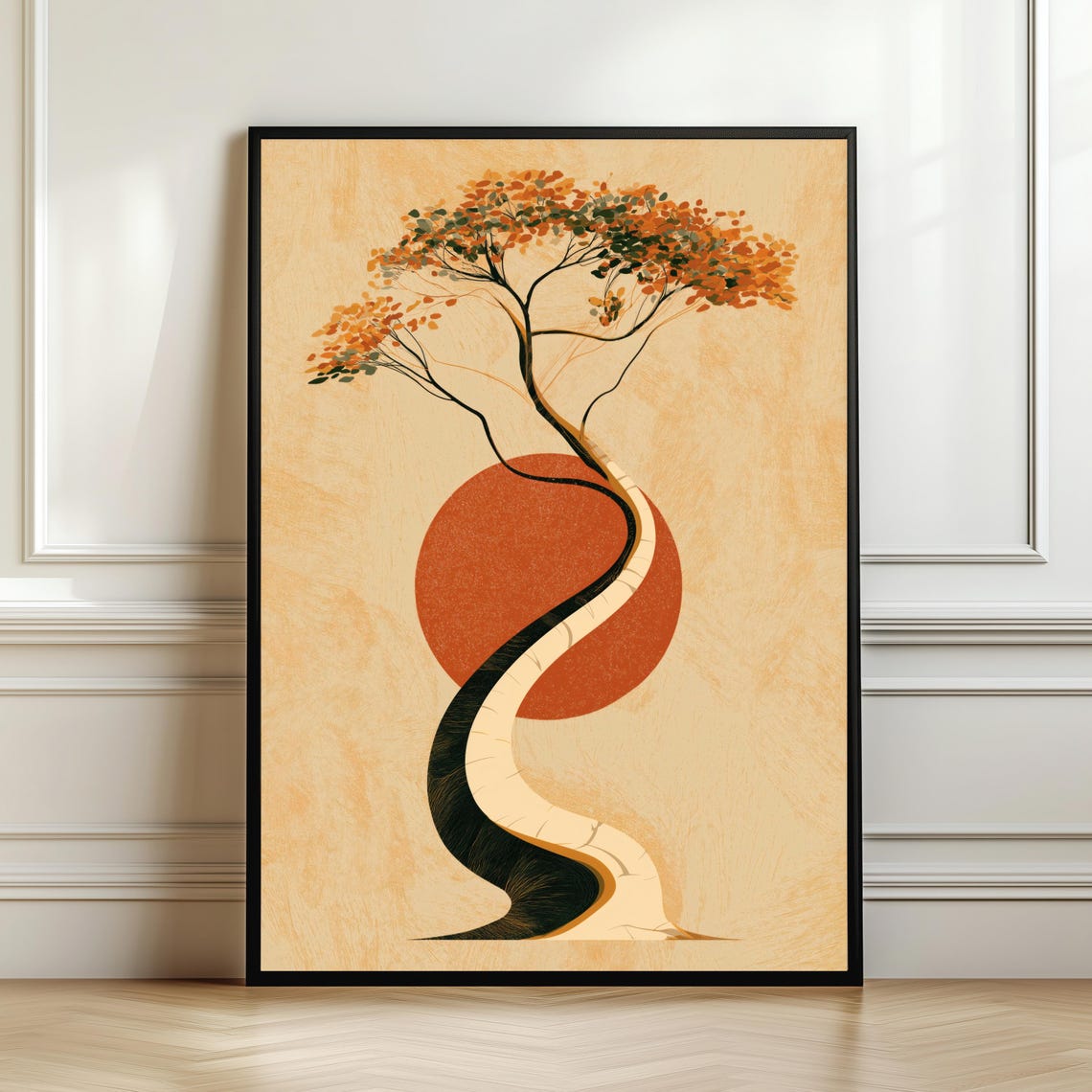 Abstract Twisted Trunk Tree Red Sun Minimalist Japandi Poster