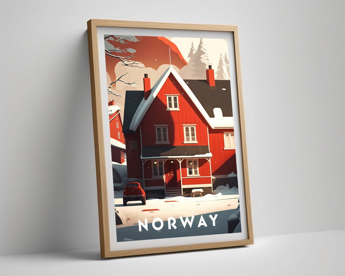 Norway Red Snowy Cabin Winter Landscape Vintage Travel Poster - Image 5