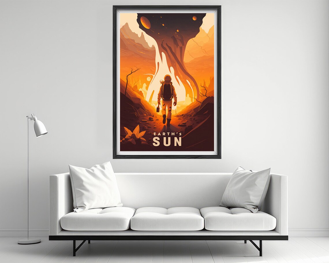 Earths Sun Astronaut Alien Planet Orange Sky Vintage Art Poster - Image 2