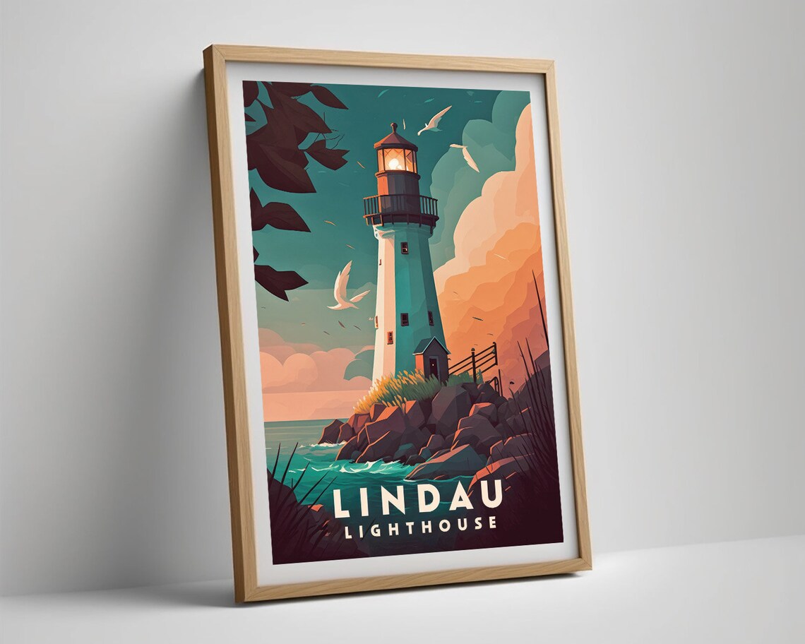 Lindau Lighthouse Sunset Coastal Rocks Vintage Travel Poster - Image 5