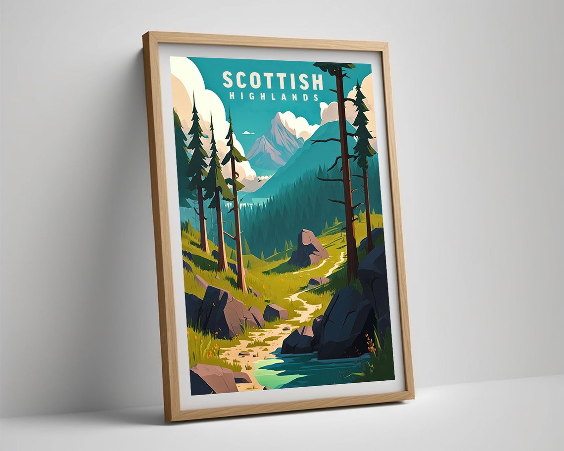 Scottish Highlands Pine Forest Mountain Stream Travel Poster - Image 5