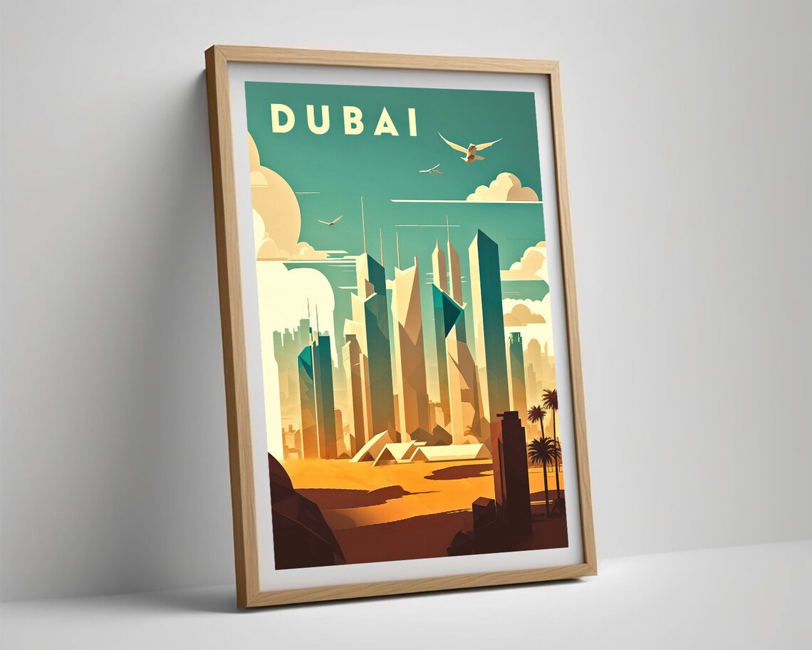 Dubai UAE Vintage Travel Poster Modern Skyline Desert Sunset Art - Image 5