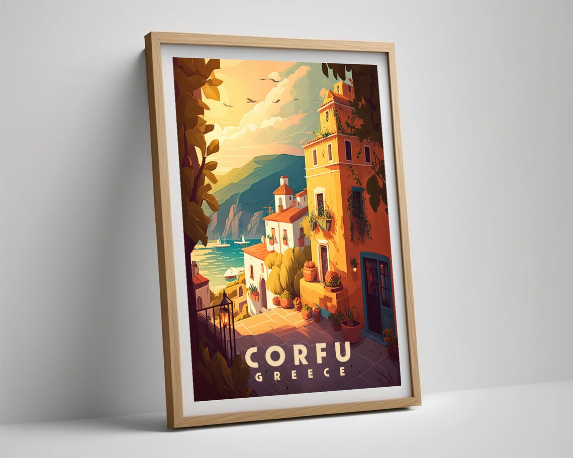 Corfu Greece Coastal Village Island Sunset Retro Travel Poster Art - Image 5