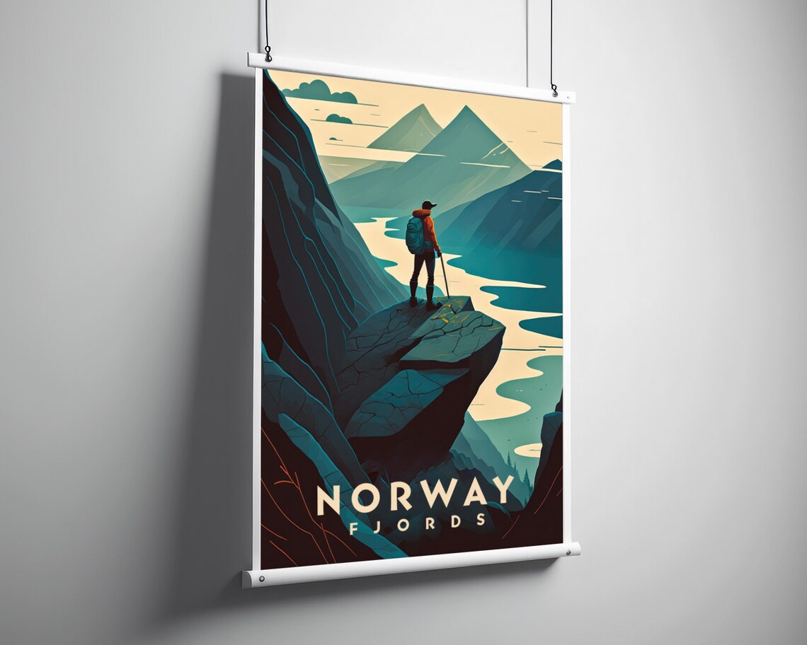 Norway Fjords Hiker Cliff Overlook Teal Retro Travel Art Poster - Image 3