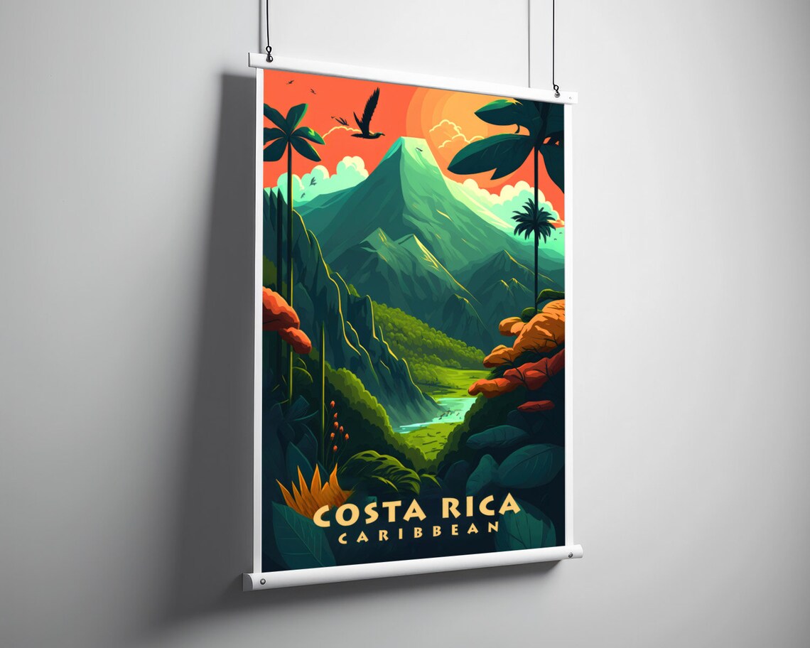 Costa Rica Caribbean Volcano Jungle Sunset Birds Travel Poster - Image 2