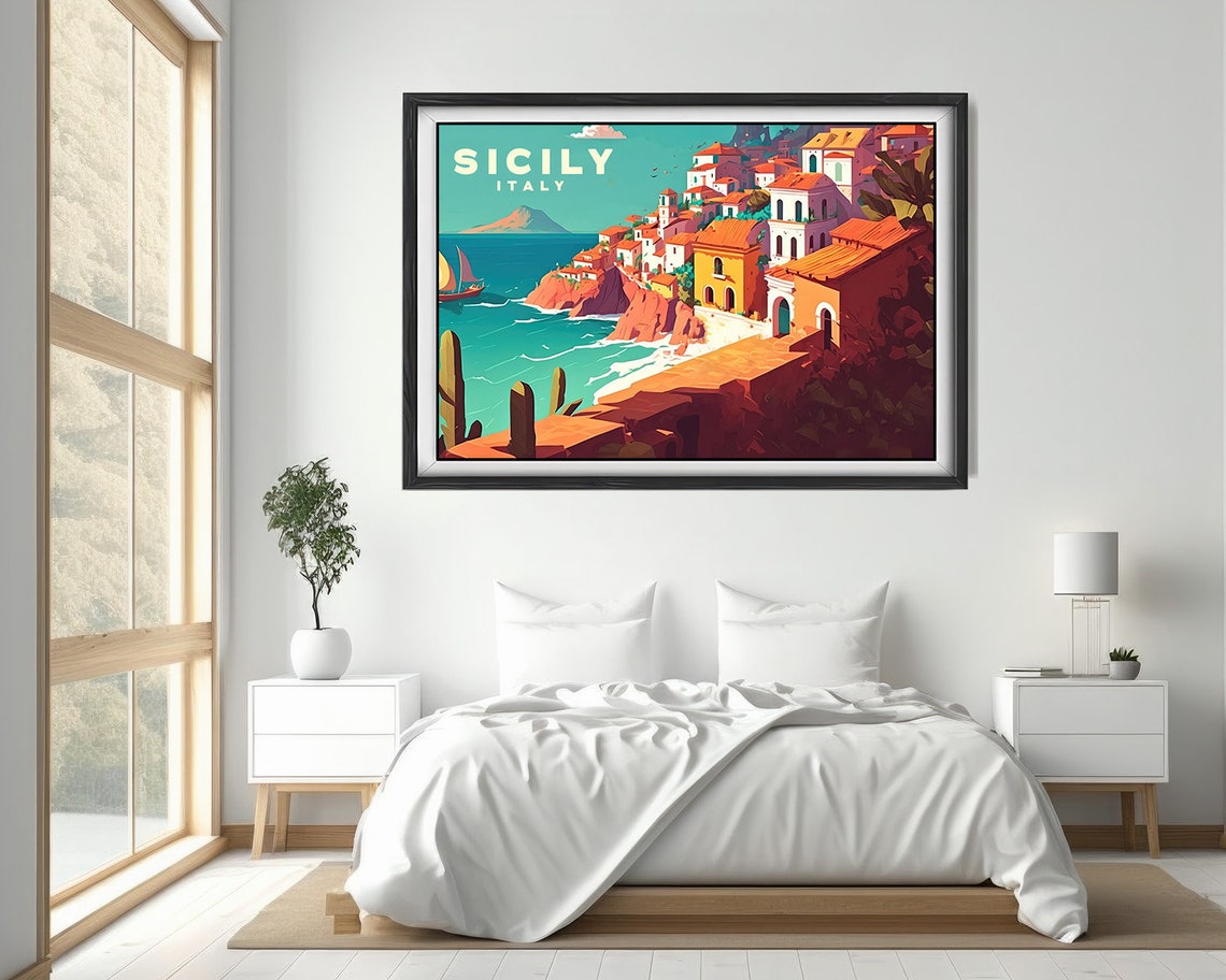Sicily Italy Cliffside Coastal Town Sailboat Retro Travel Poster - Image 4