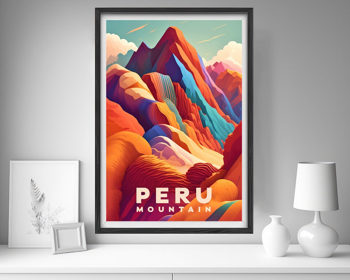 Peru Rainbow Mountain Colorful Geometric Peaks Retro Travel Poster - Image 4
