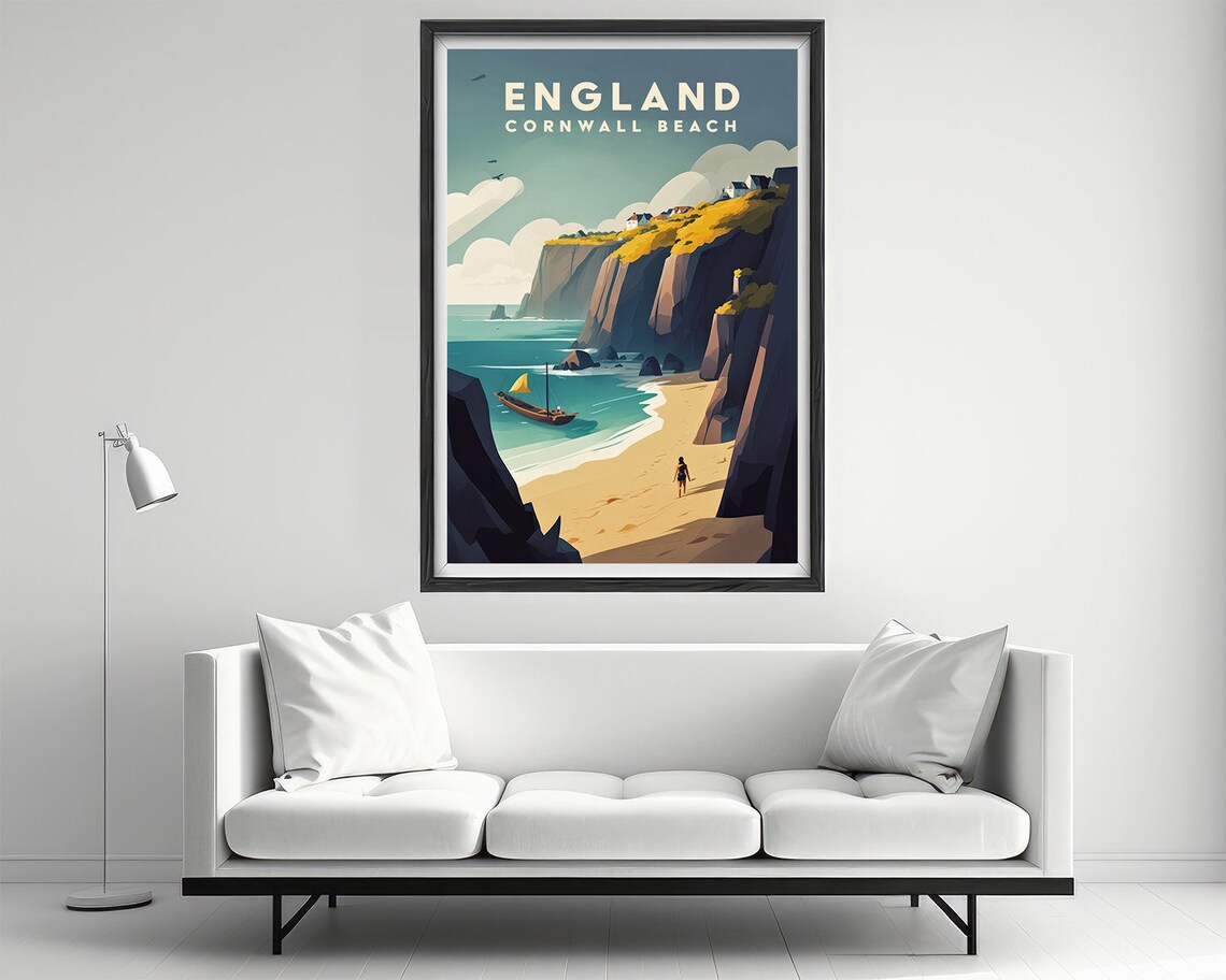 England Cornwall Beach Cliffs Sailboat Retro Travel Art Poster - Image 2