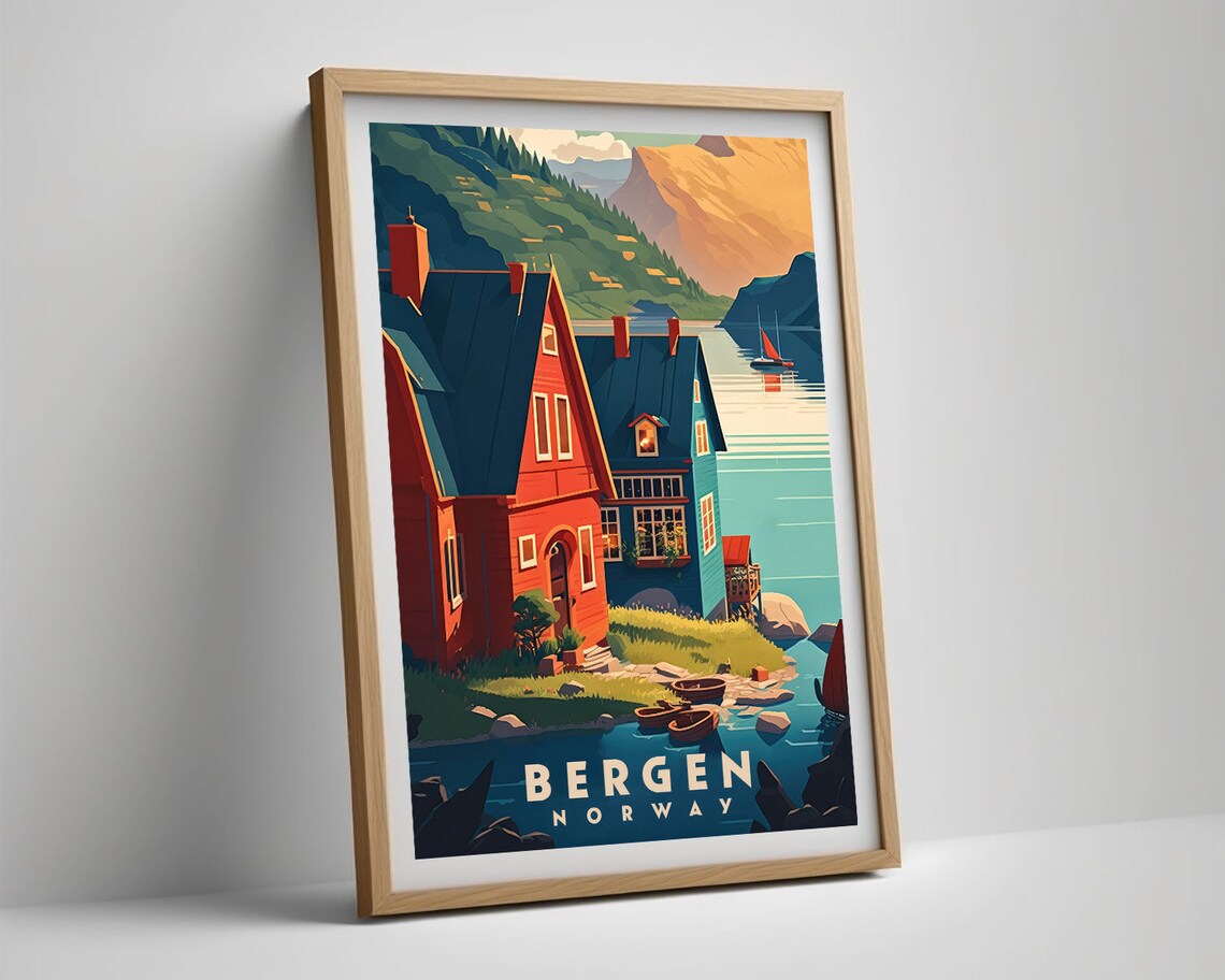 Bergen Norway Fjord Village Sailboat Vintage Travel Art Poster - Image 5