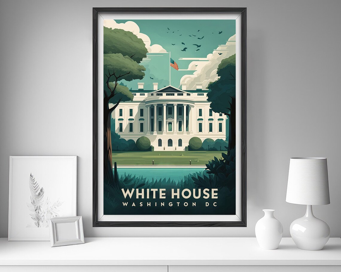 White House Washington DC Landmark Illustration Patriotic Art Poster - Image 4