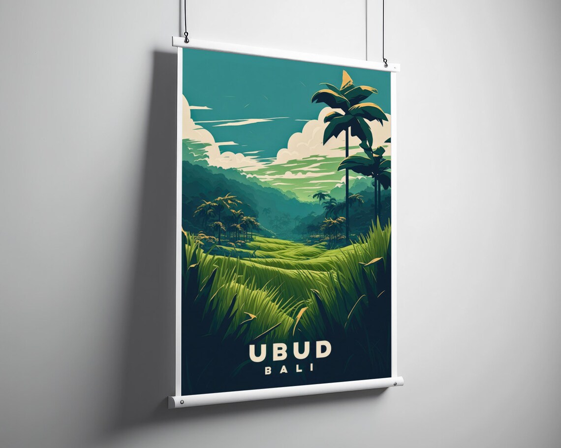 Ubud Bali Emerald Rice Terraces Palm Grove Vintage Travel Poster - Image 3
