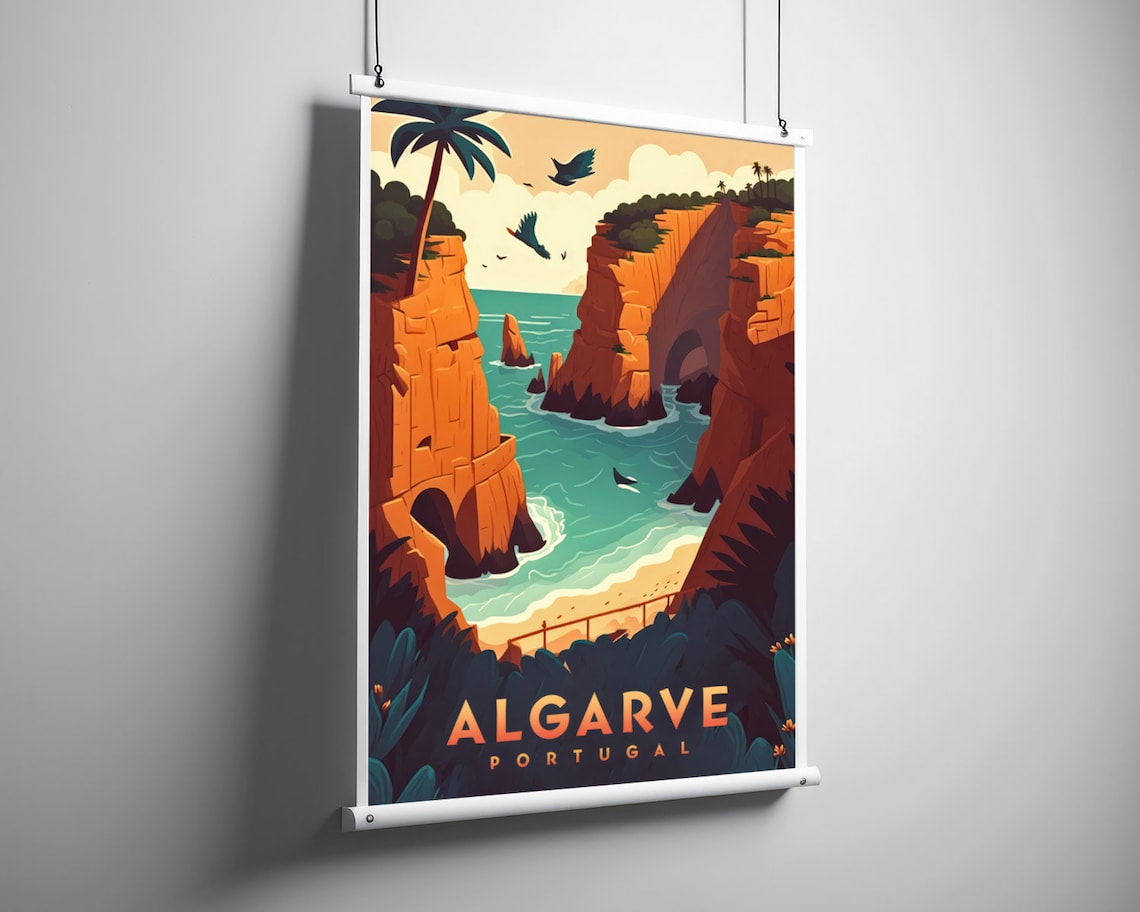 Algarve Portugal Red Sea Cliffs Beach Cove Retro Travel Poster - Image 3