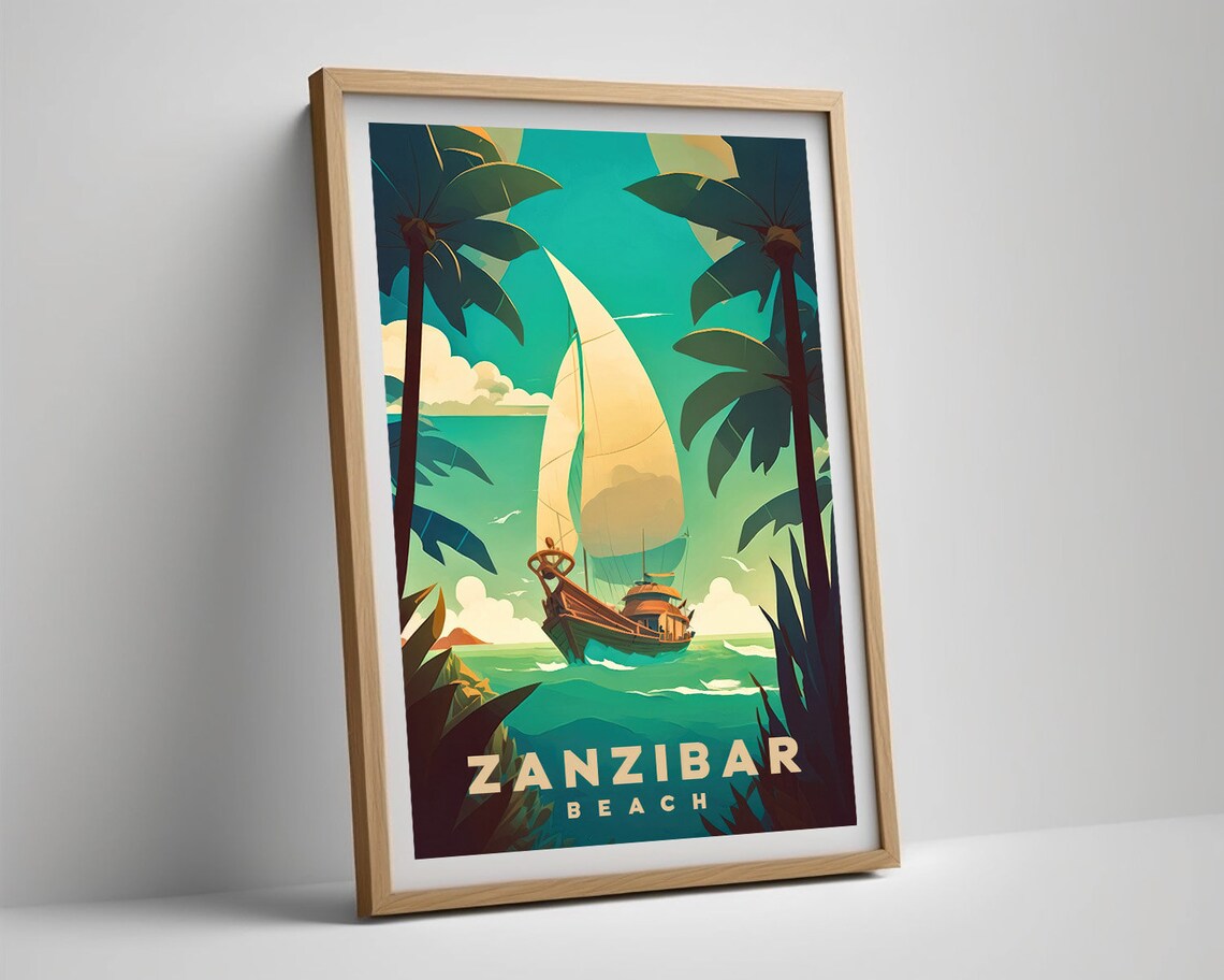 Zanzibar Beach Vintage Travel Poster Sailboat Palm Sunset Art - Image 5